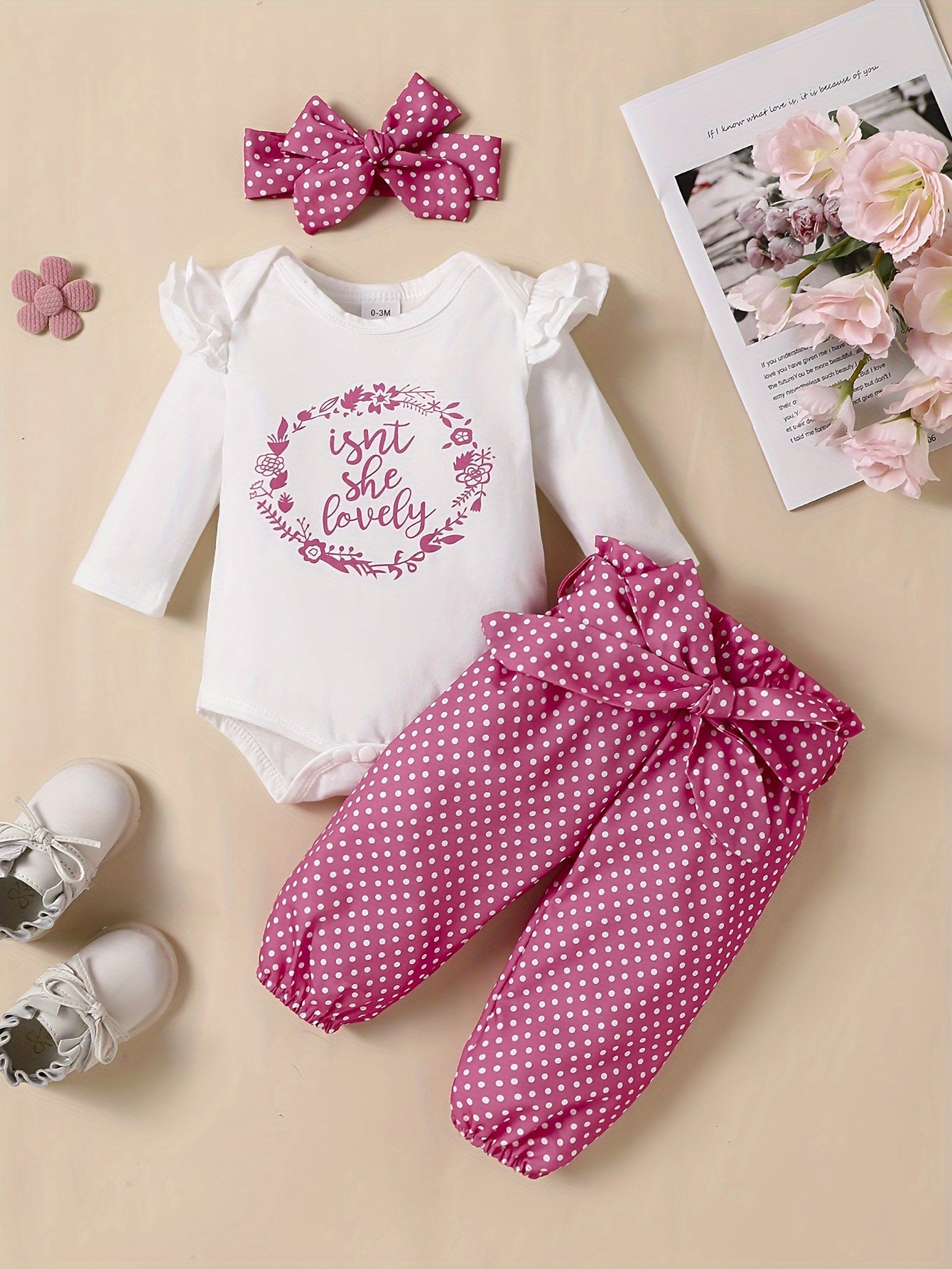 Baby Girl's Stylish Set, "Isn't She Lovely" Long Sleeve Onesie & Polka Dot Pants