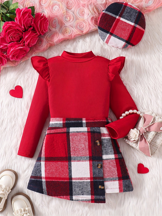 Outfit Girl's Christmas Plaid Skirt Long-Sleeve Ruffle Top