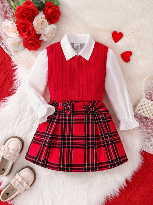 Sweet Bow Plaid Skirt + Long-Sleeve Solid Shirt + V Neck Knit Vest Set Girl's