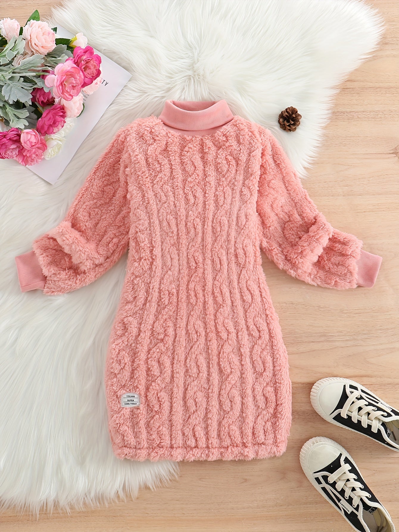 Girls Winter Thickened Fleece Turtleneck Dress