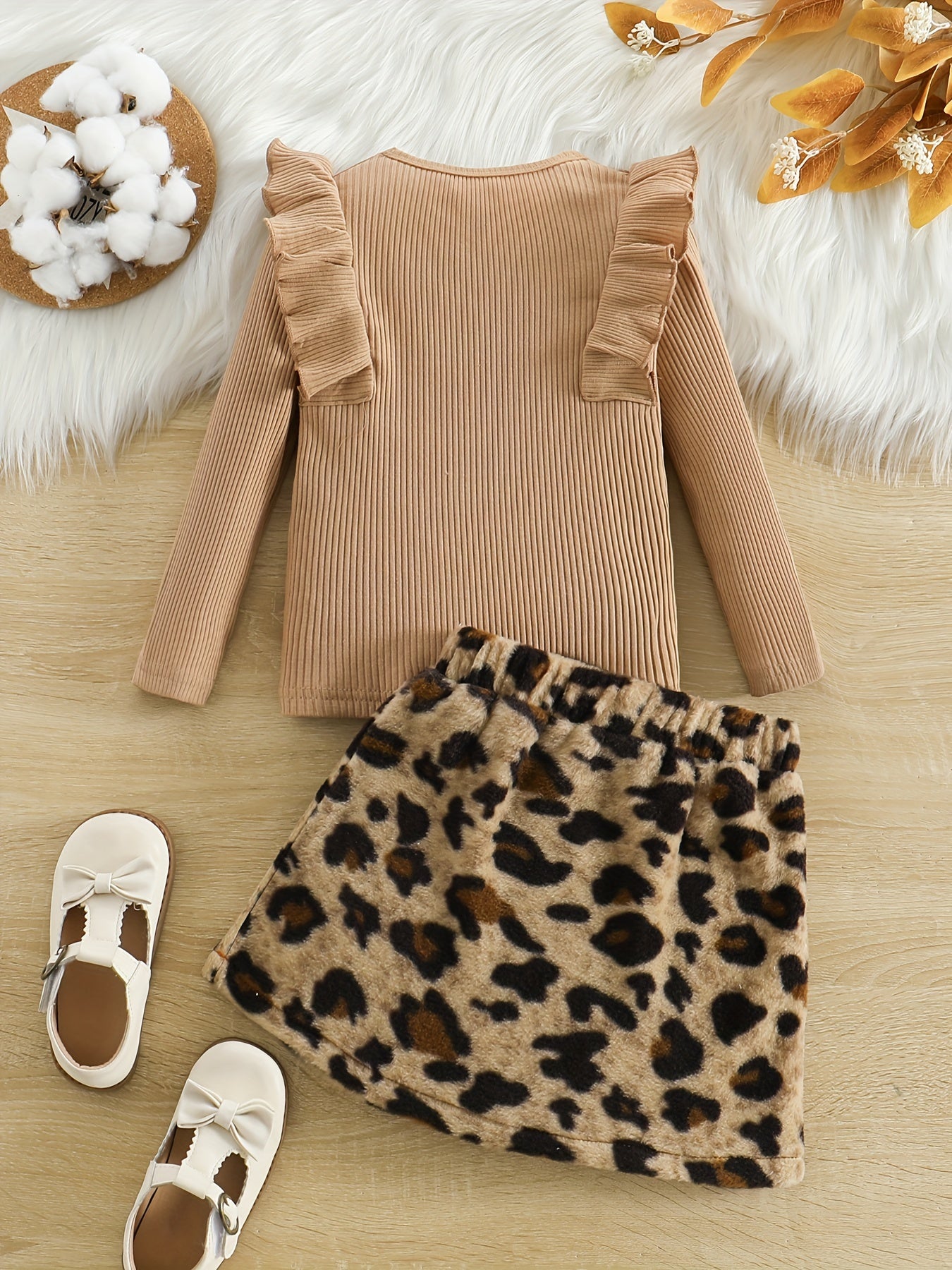 Ruffle-Trim Long Sleeve Top & Leopard Print Skirt with Floral Accents