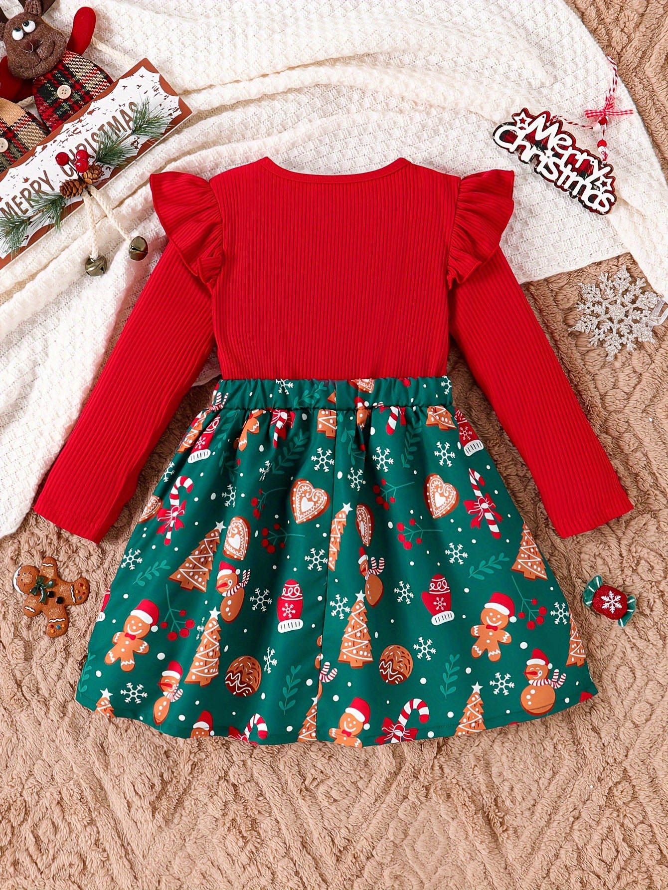 Girls' Festive Christmas Dress with Ruffle Trim & Bow