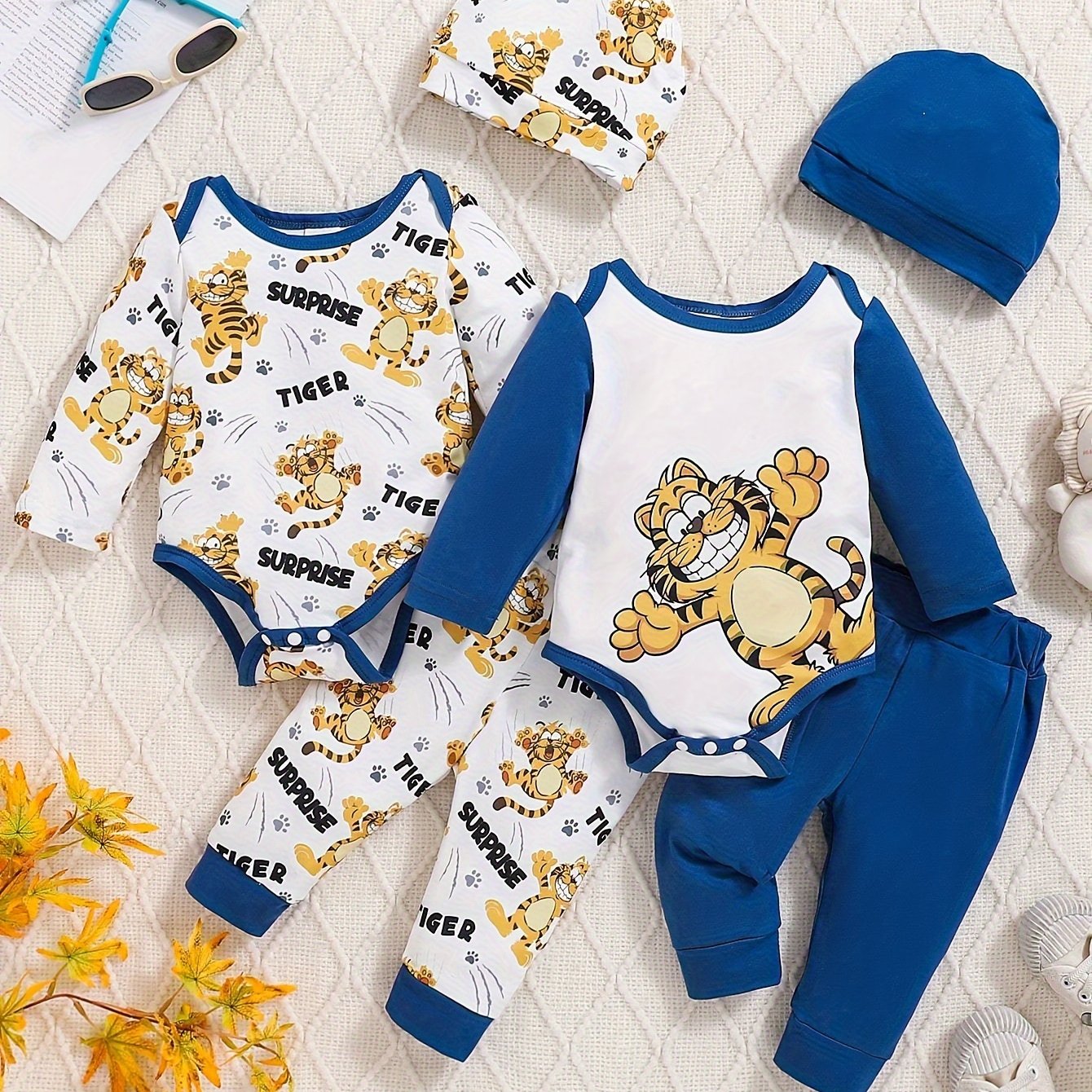 Four-piece Set of Tiger Print Long-sleeved Body Suit Tops for Boys with Hats