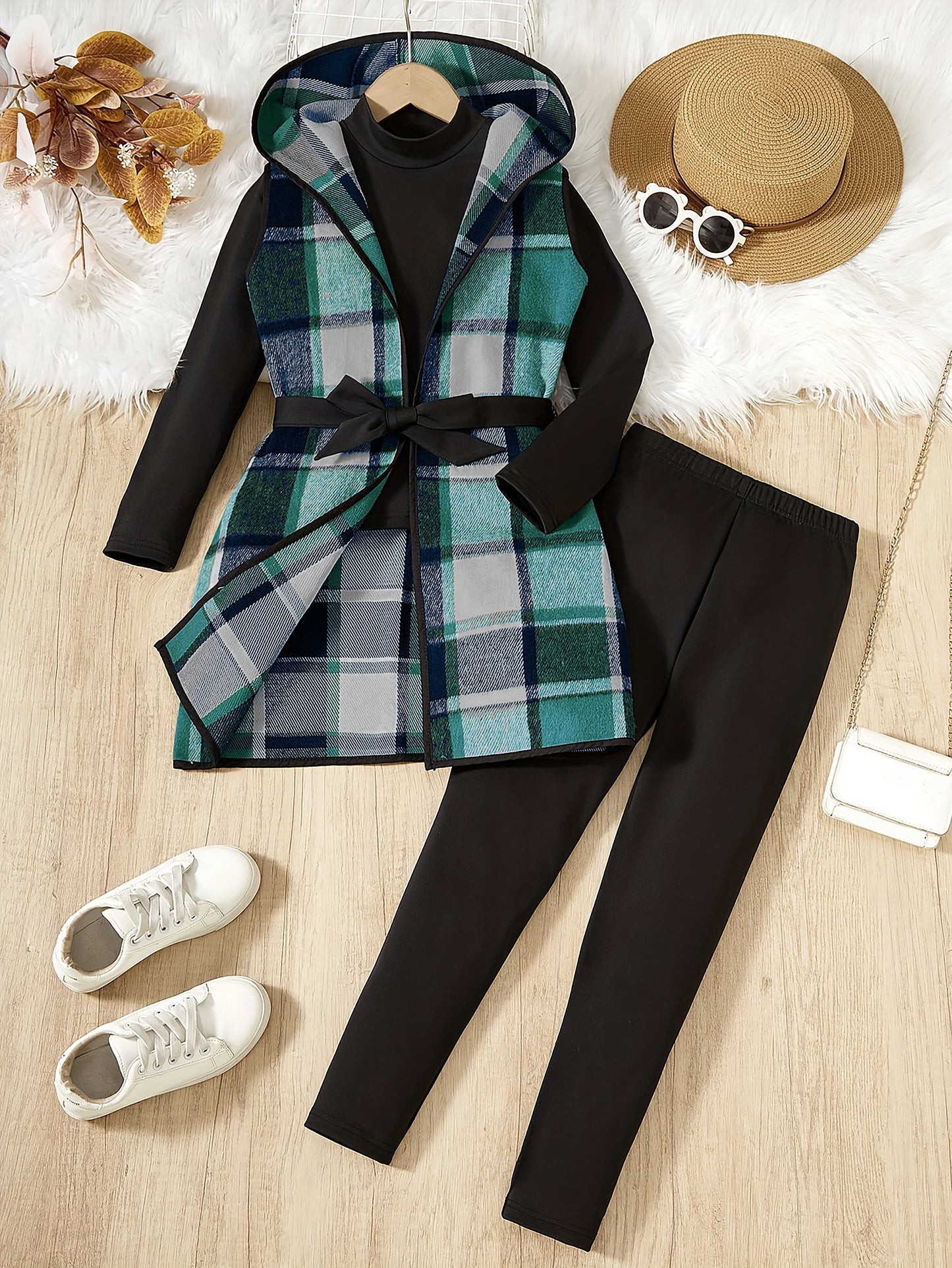 Elegant Plaid Hooded , Long Sleeve Pullover, Trousers