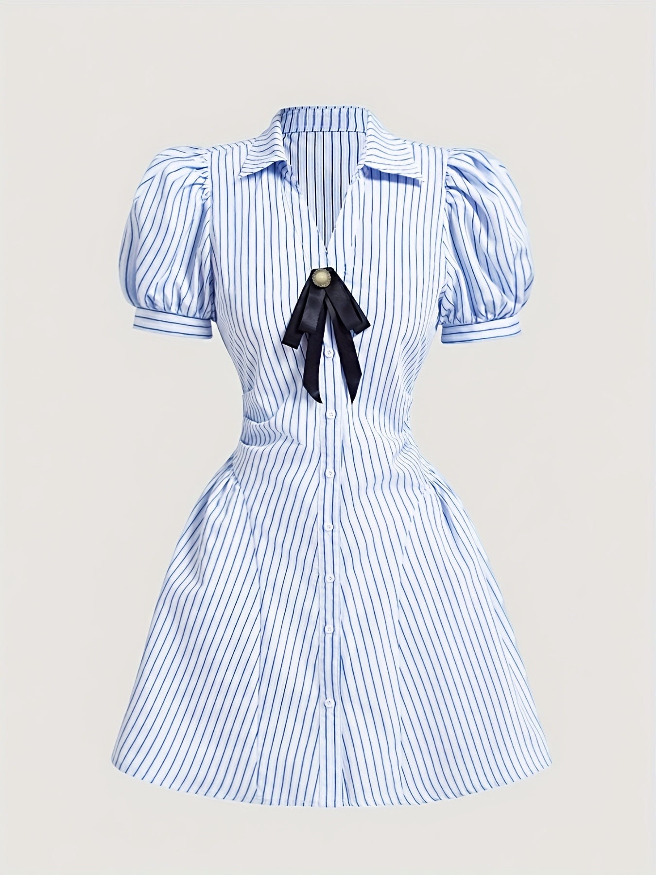 Women's Vintage Blue Striped Puff Sleeve Dress with Bow Detail - V-Neck A-Line Asymmetrical Hem Short Summer Dress, Machine Washable Casual Elegant Style for Back to, Homecoming & Teacher Outfits, Retro Dress, Buttondown Fron