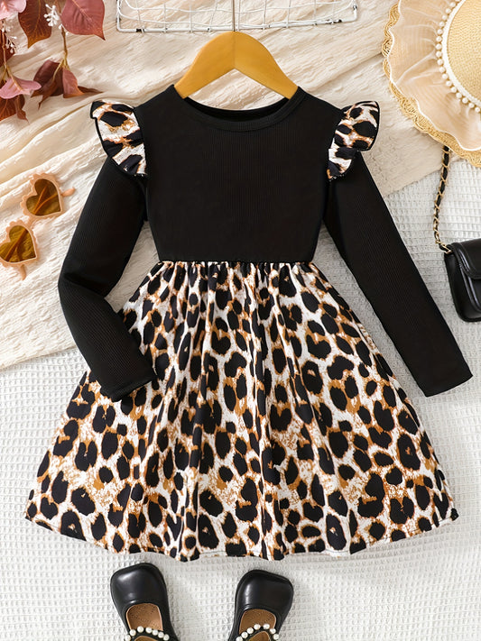 Chic Leopard Print Long Sleeve Dress for Girls