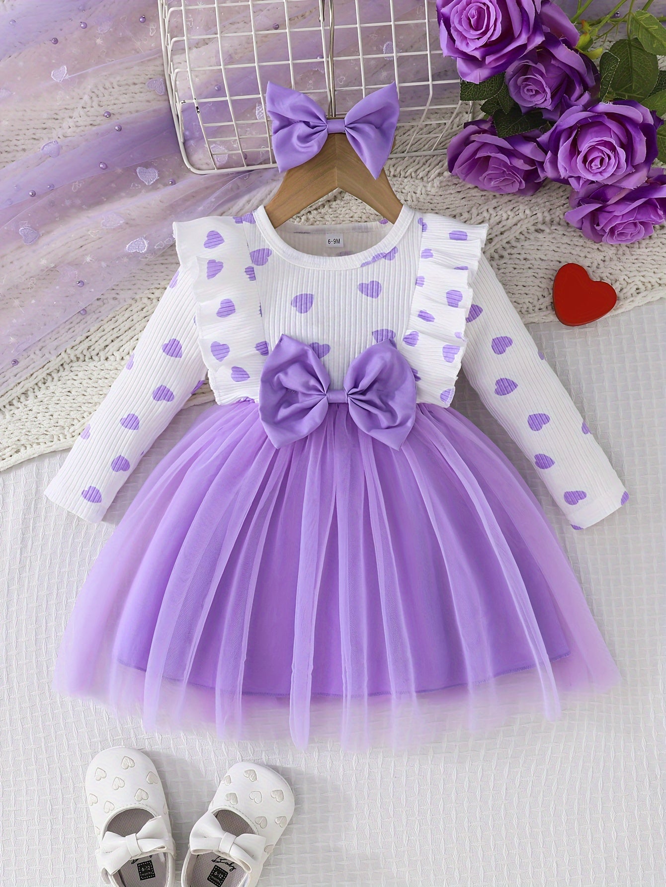 Girls' Cute Heart Pattern Long Sleeve Tulle Dress with Bow Headband