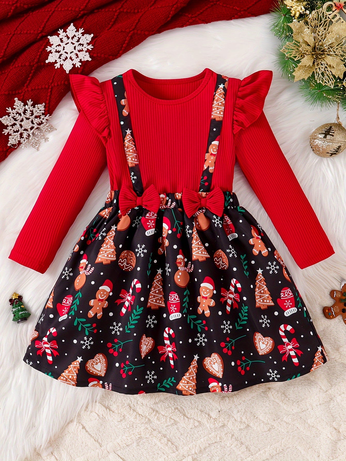 Girls' Festive Christmas Dress with Ruffle Trim & Bow