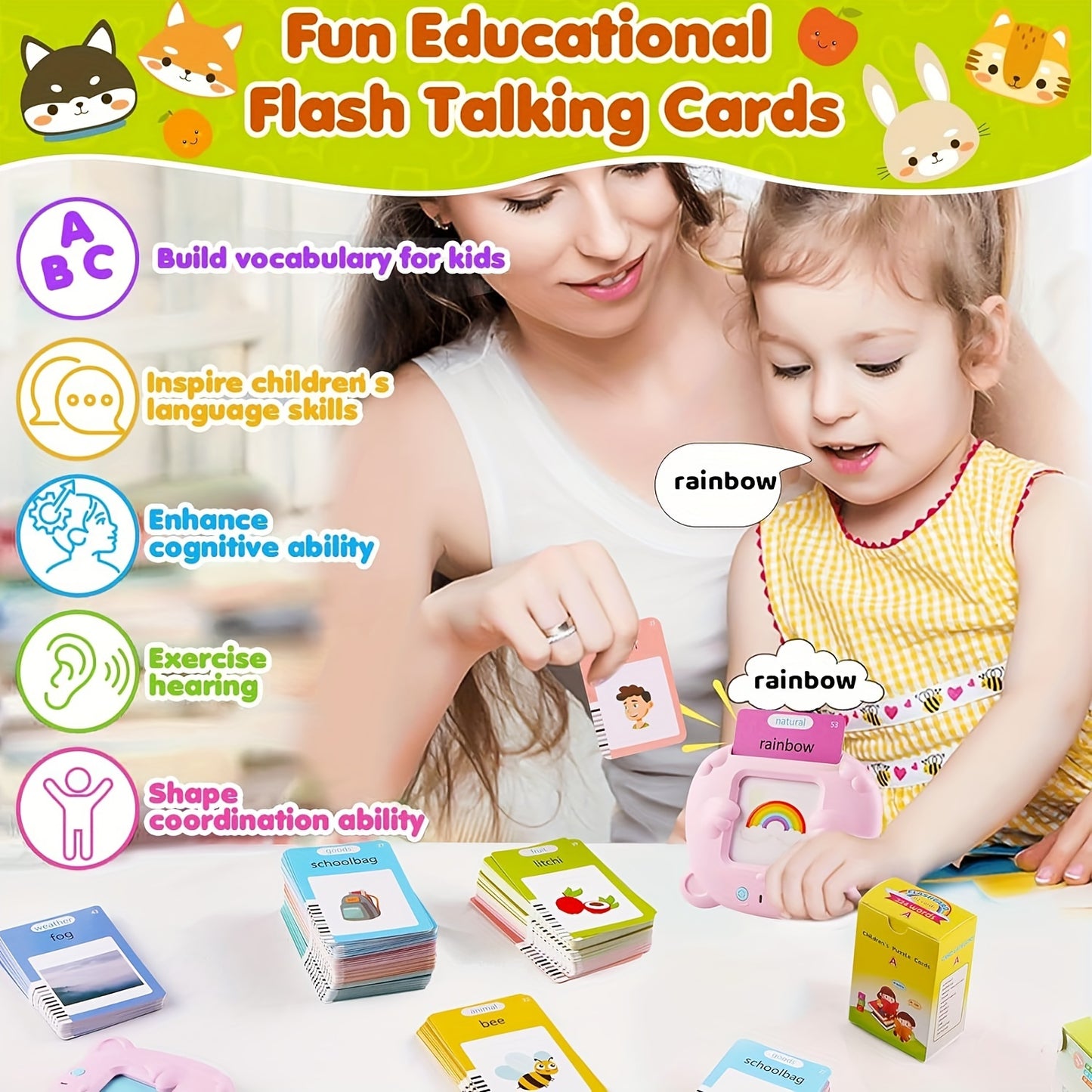 Interactive Flash Cards Reader with 112 Cards, 224 Words, Educational Learning Toy