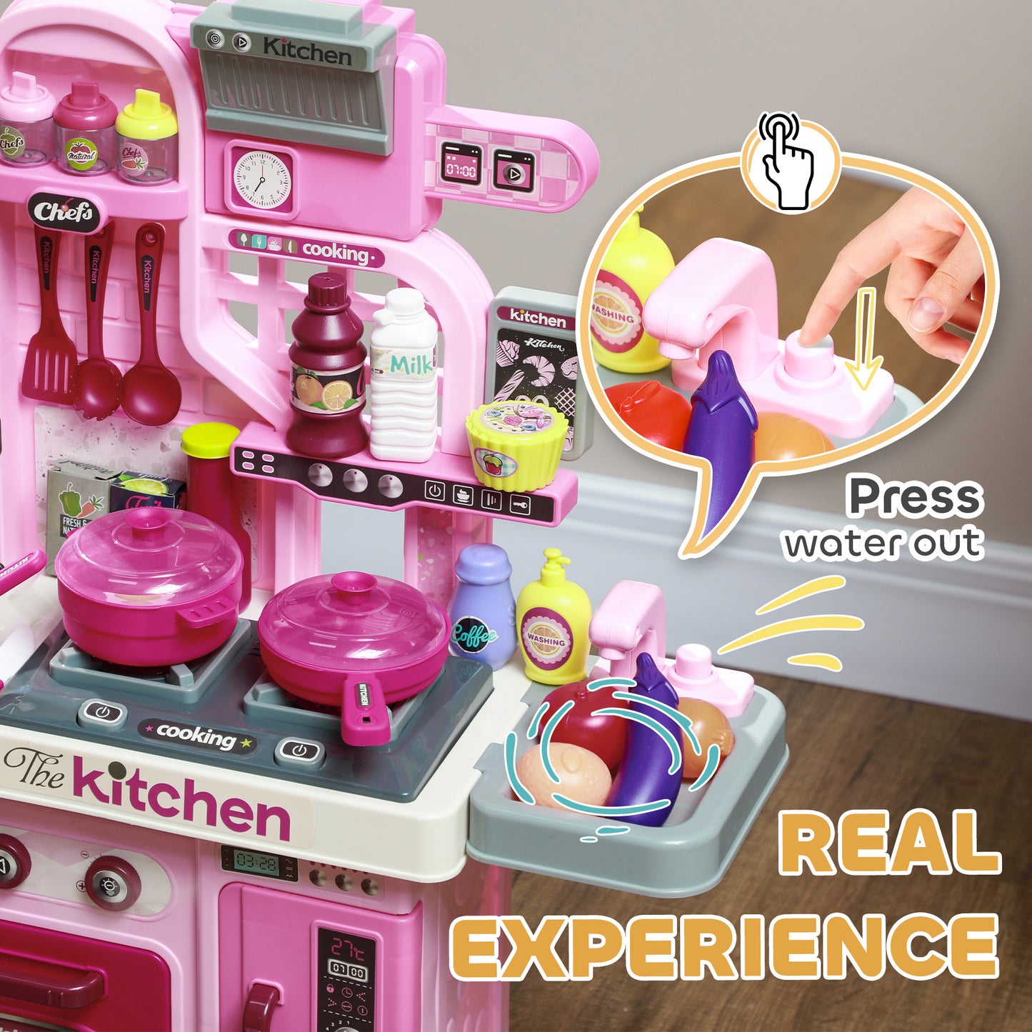 Kids Kitchen, Toy Kitchen, Toddler Pretend Play Kitchen with 33 Piece Accessories, Lights, Sounds, Storage, for Children 3-6 Years, Pink