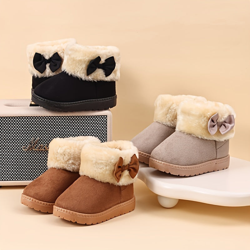 Trendy Cute Bowknot Decor Plus Fleece Snow Boots For Girls