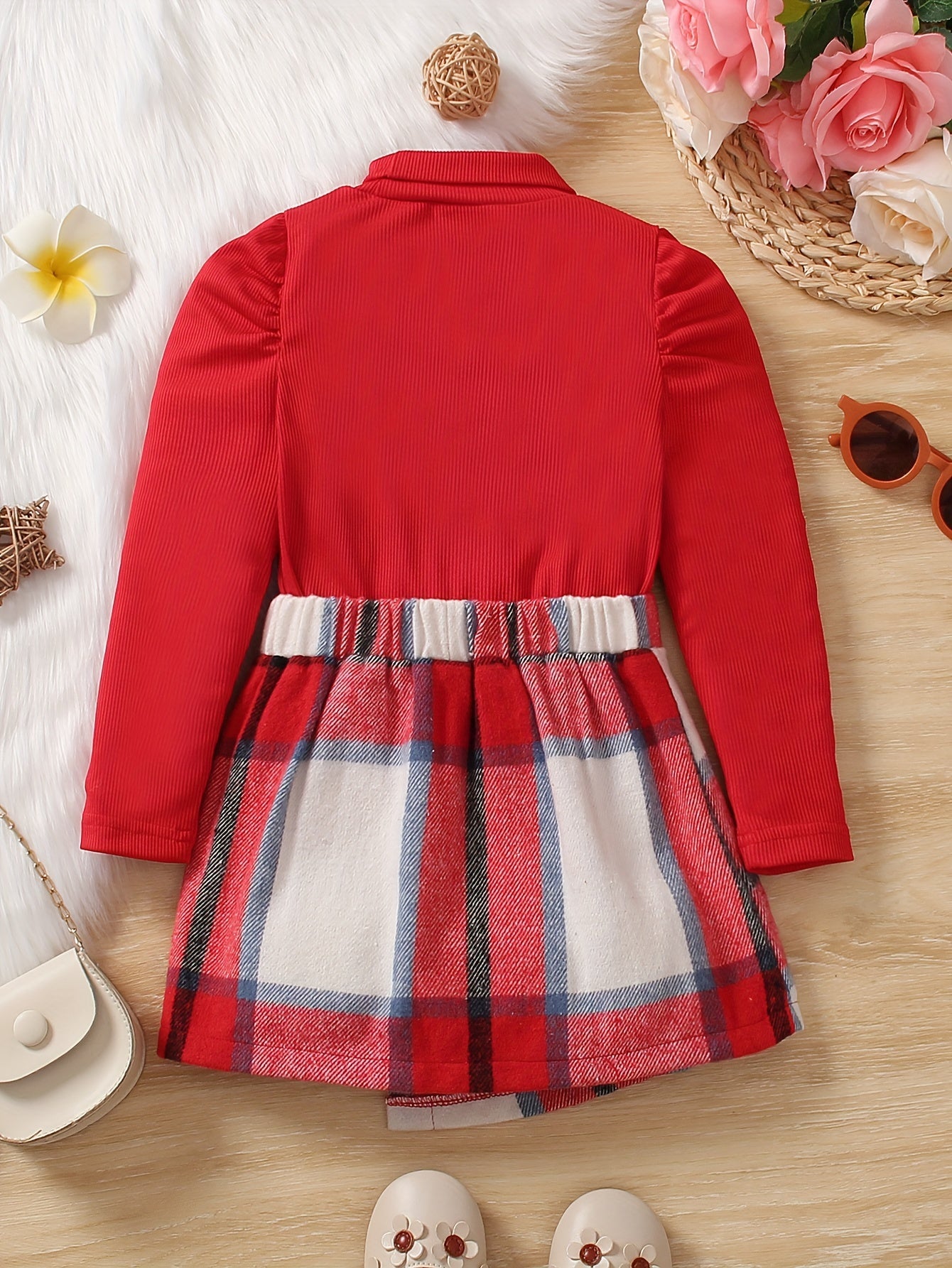 Elegant Girls Puff Sleeve Knit Pullover & Plaid Skirt