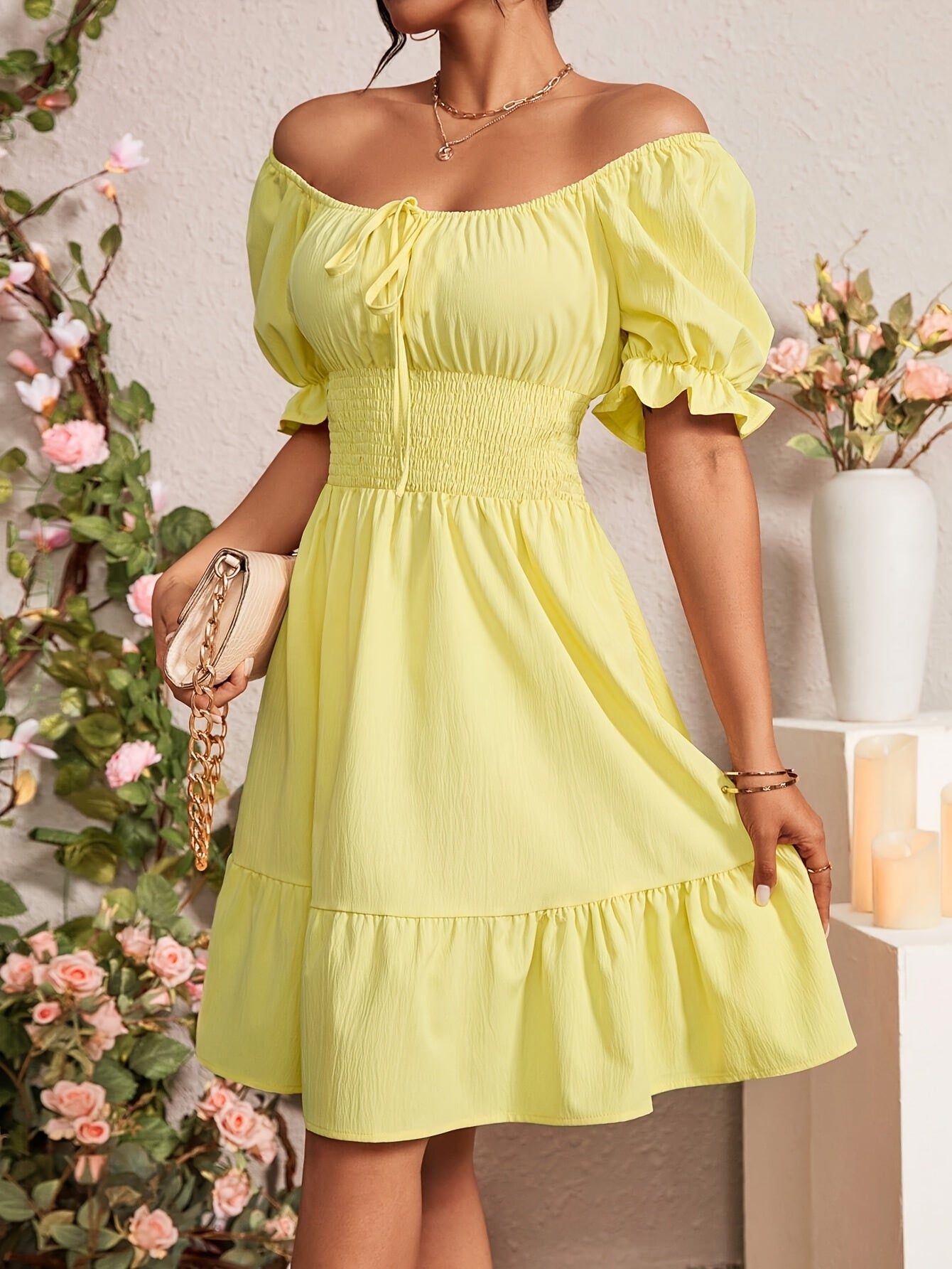 Women's Tie-Back Bubble Sleeve Ruffled Hem Dress