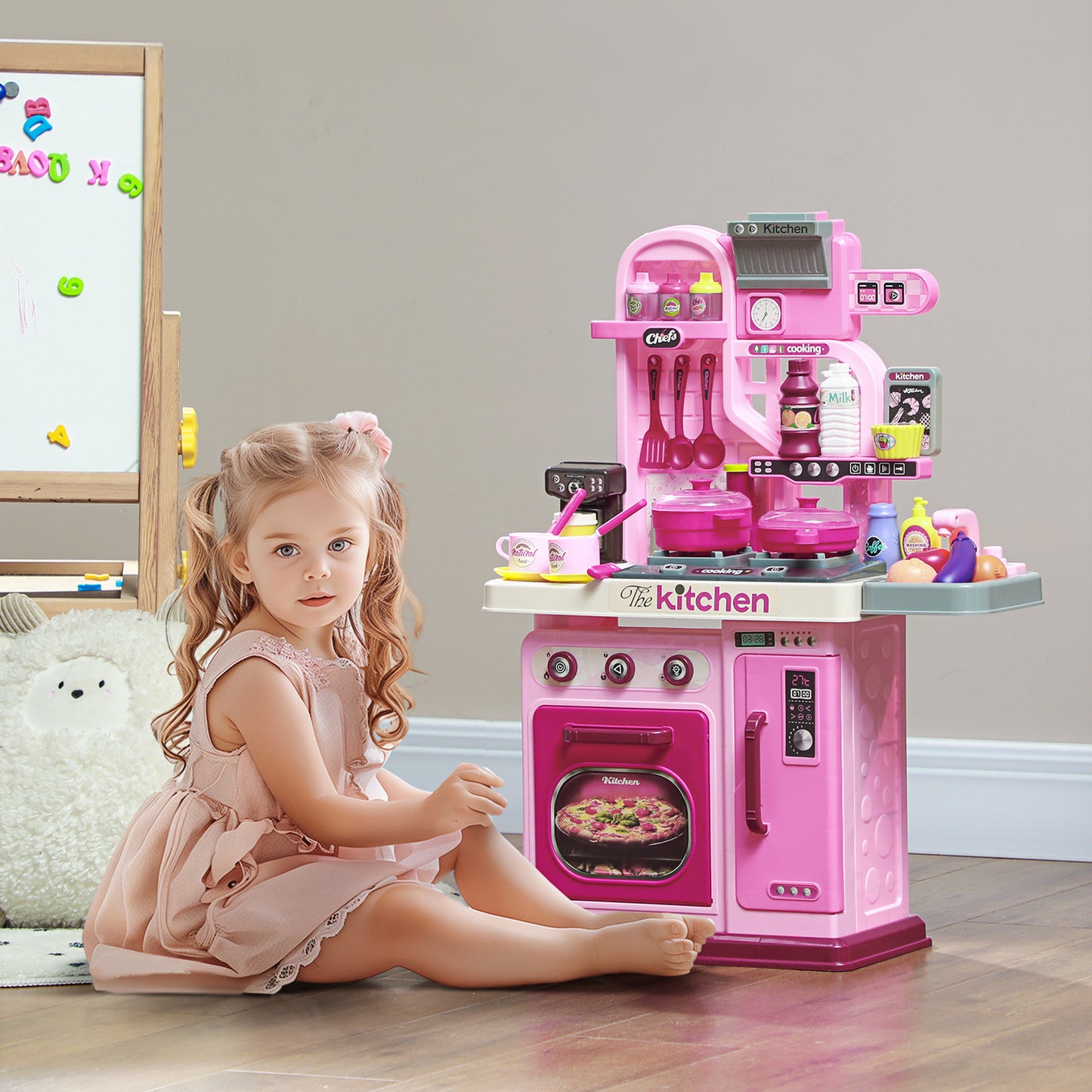 Kids Kitchen, Toy Kitchen, Toddler Pretend Play Kitchen with 33 Piece Accessories, Lights, Sounds, Storage, for Children 3-6 Years, Pink