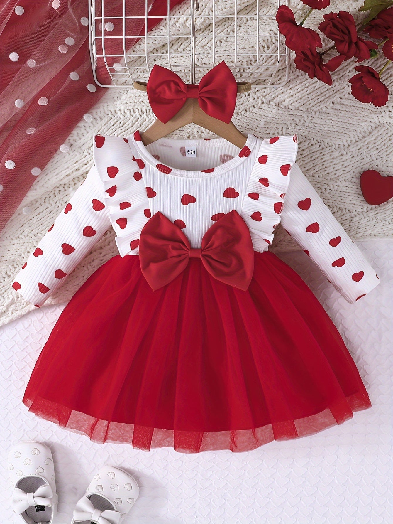 Girls' Cute Heart Pattern Long Sleeve Tulle Dress with Bow Headband