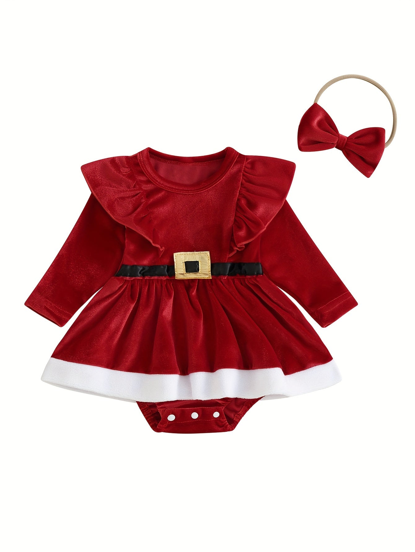 Baby Girl's Long Sleeves Jumpsuit With Skirt's Hemline & Bowknot Headscarf Set