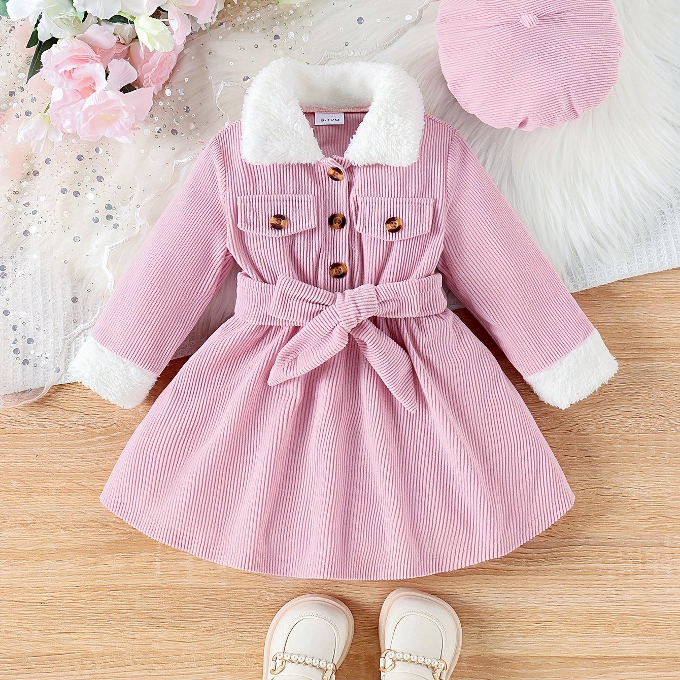 Baby's Elegant Fuzzy Collar Corduroy Long Sleeve Dress + Hat + Belt, Infant