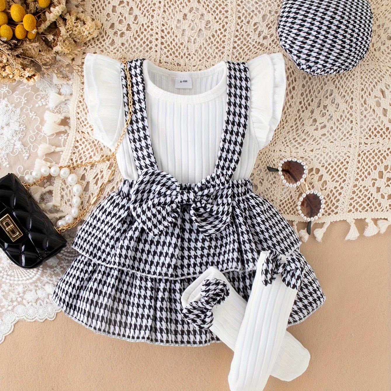 Baby's Stylish Houndstooth Pattern Cap Sleeve Ribbed Top & Overall Layered Skirt Set