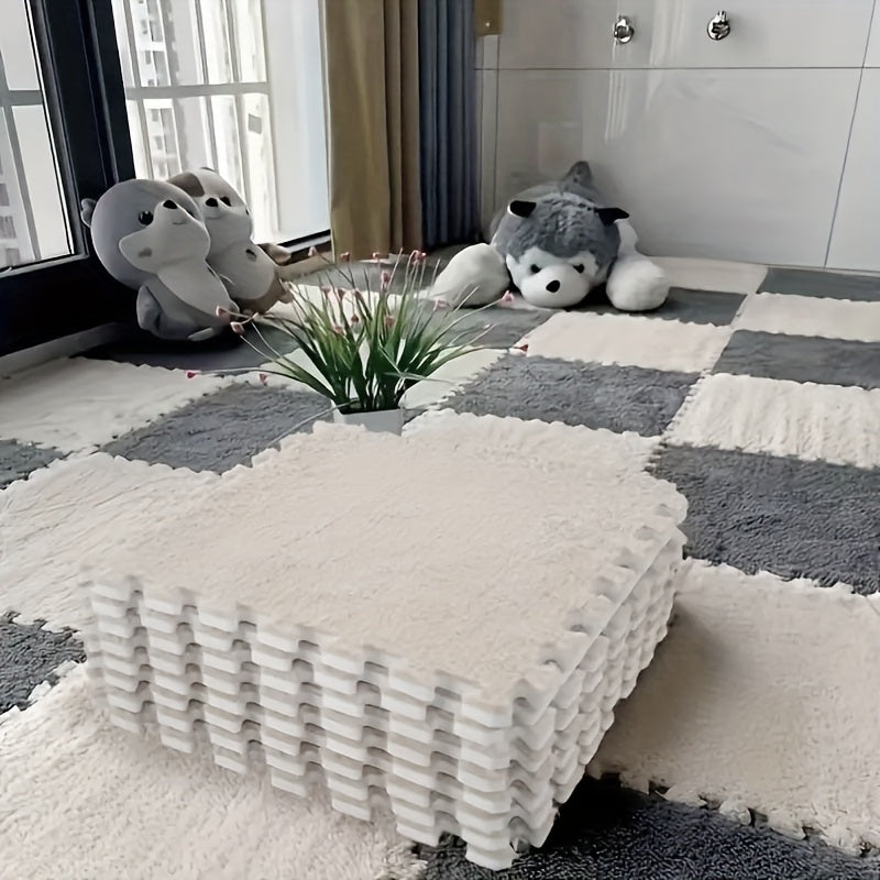 Plush Foam Floor Mat, Square Interlocking Fluffy Tiles With Border Play Mat