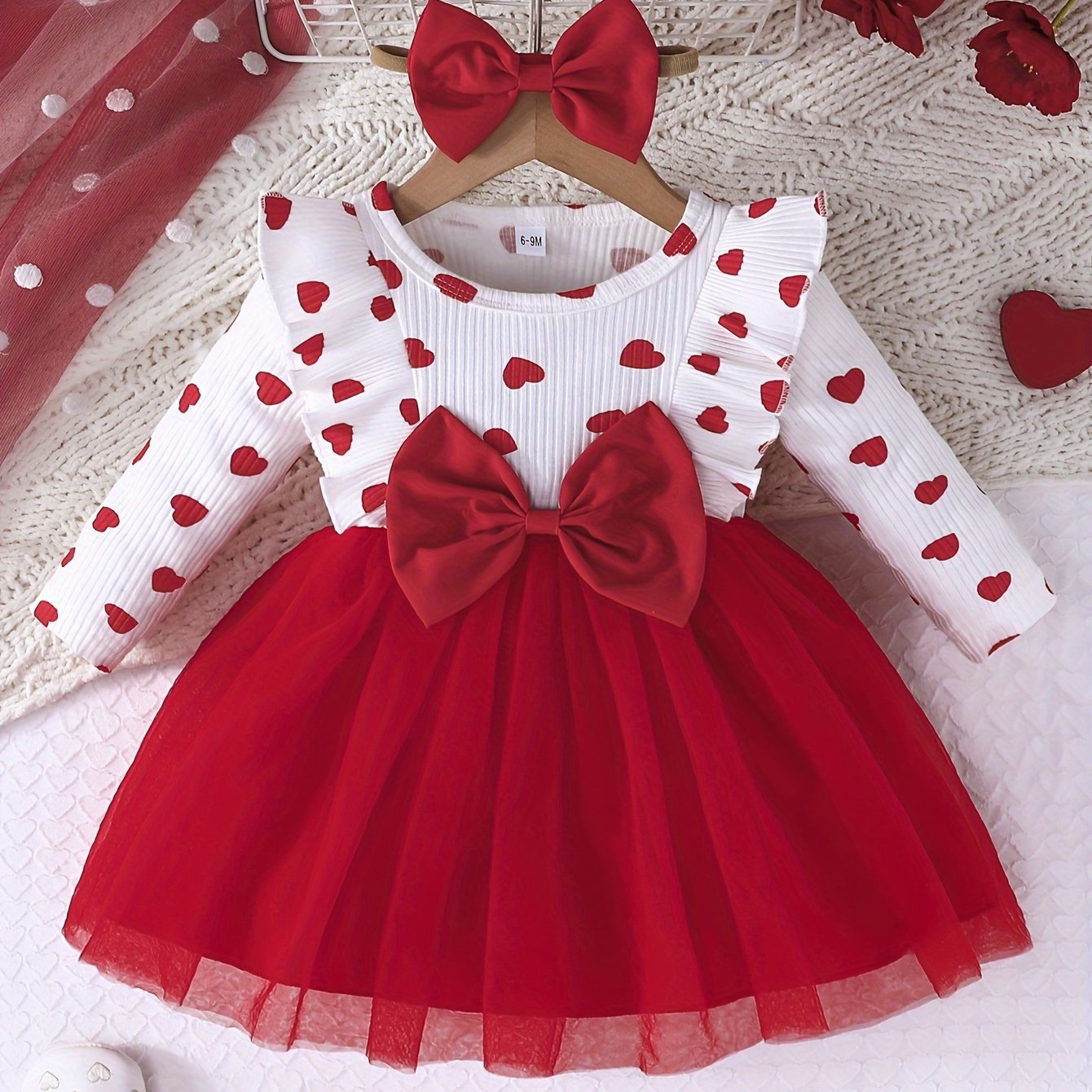 Girls' Cute Heart Pattern Long Sleeve Tulle Dress with Bow Headband