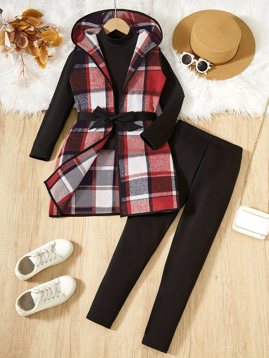 Elegant Plaid Hooded , Long Sleeve Pullover, Trousers