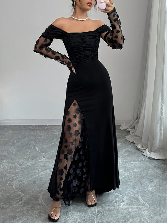 Elegant Off-Shoulder Luxe Bloom Mesh Gown