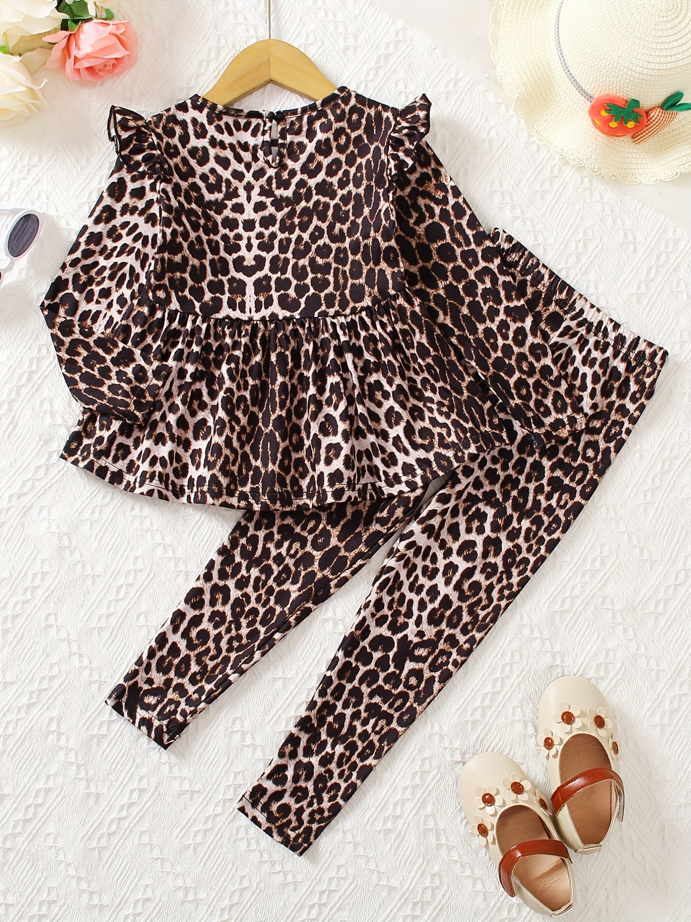 Leopard Print Long Sleeve Top & Pants Round Neck Ruffle