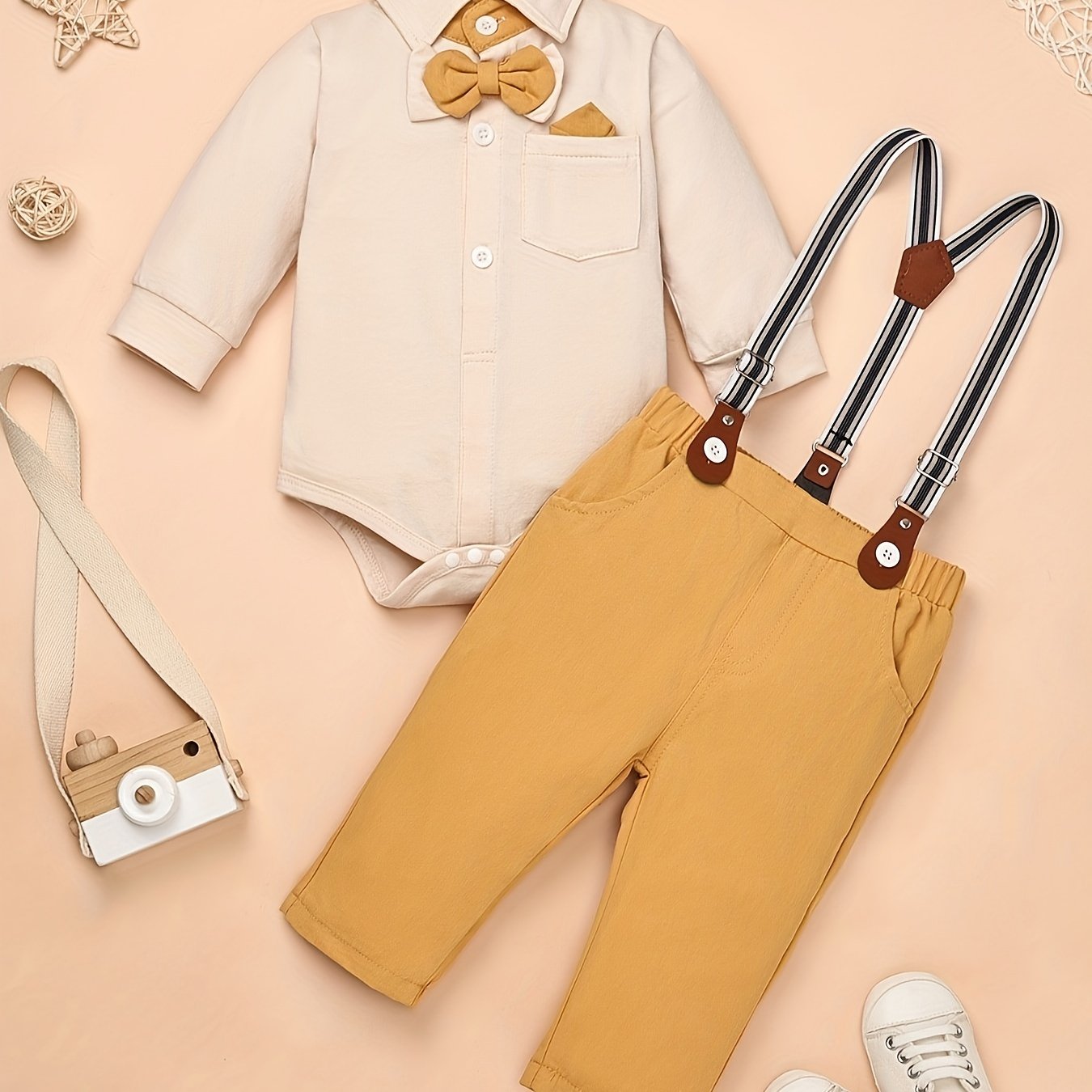 GentlemanLong Sleeve Shirt Romper + Strap Pocket Pants + Bowtie Casual Party