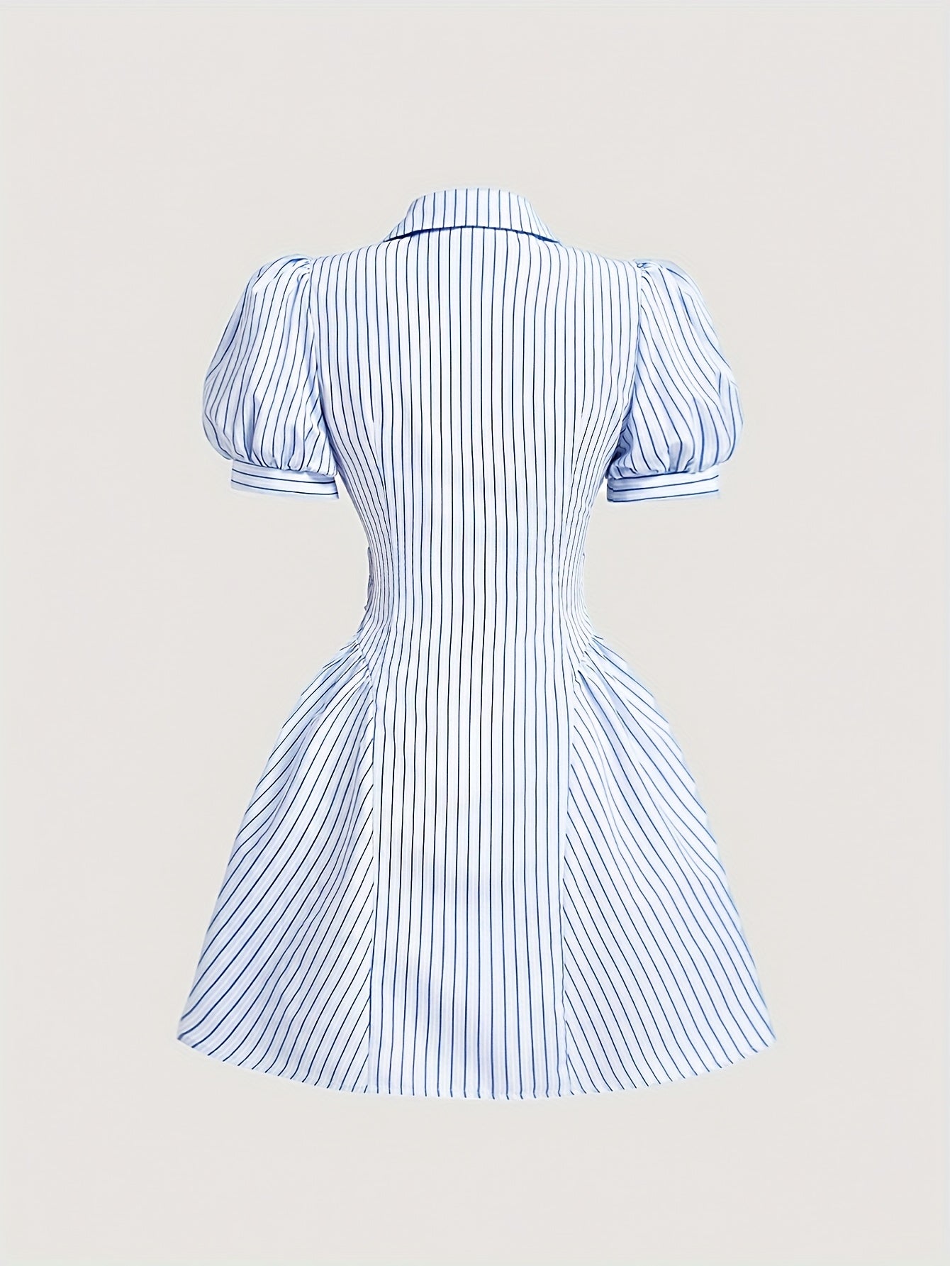 Women's Vintage Blue Striped Puff Sleeve Dress with Bow Detail - V-Neck A-Line Asymmetrical Hem Short Summer Dress, Machine Washable Casual Elegant Style for Back to, Homecoming & Teacher Outfits, Retro Dress, Buttondown Fron