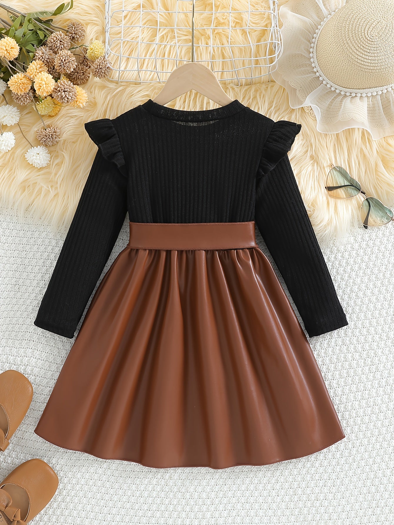 Chic Girls' Solid Color Ruffle-Trim Long Sleeve Dress with Belt