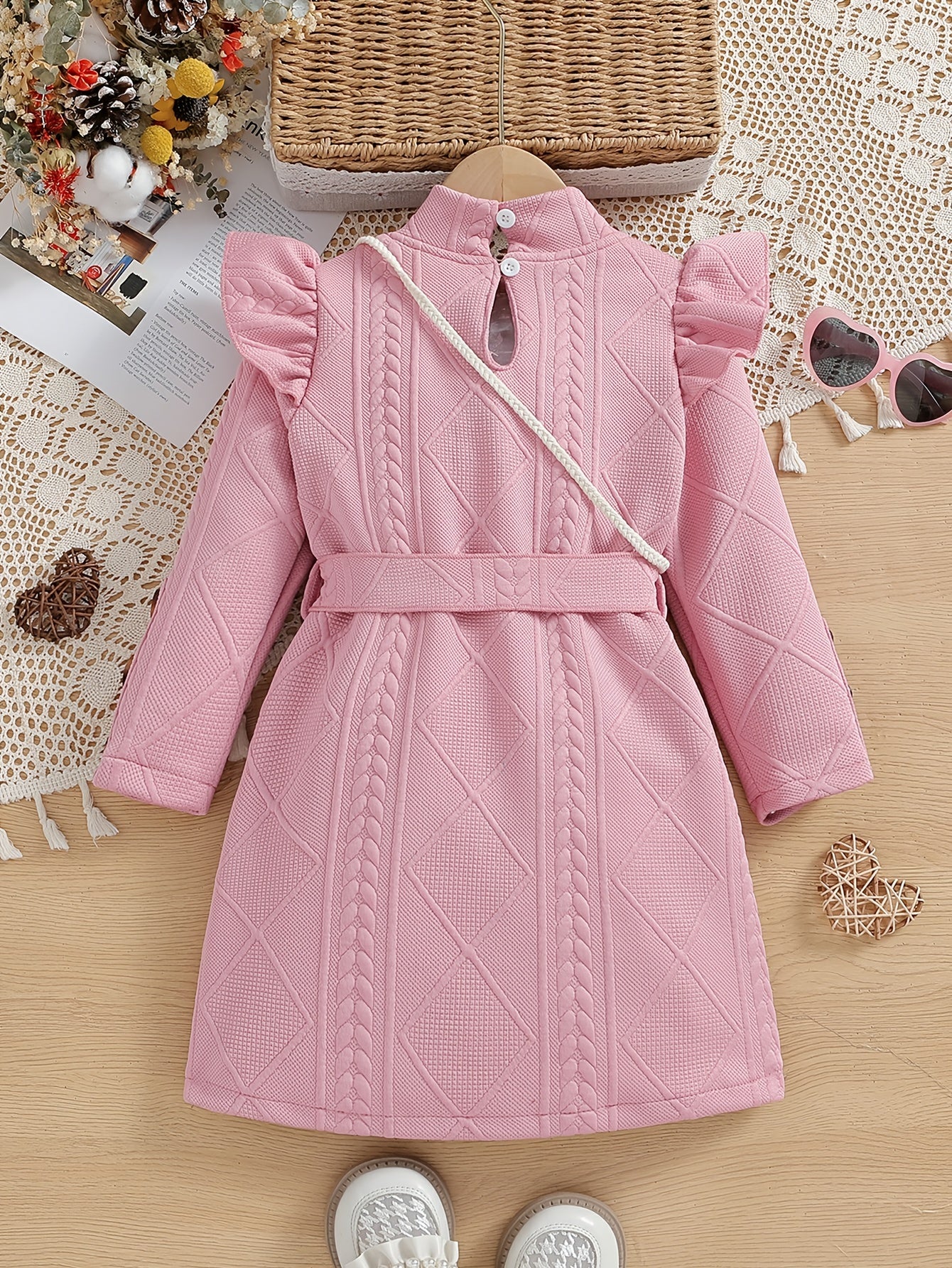 Elegant Flutter Trim Button Long Sleeve Dresses