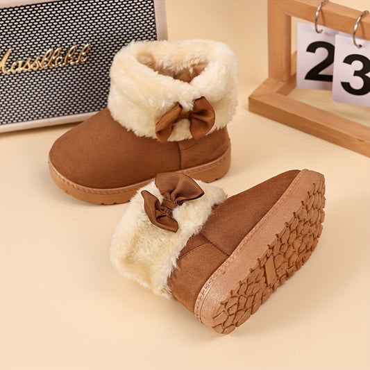 Trendy Cute Bowknot Decor Plus Fleece Snow Boots For Girls