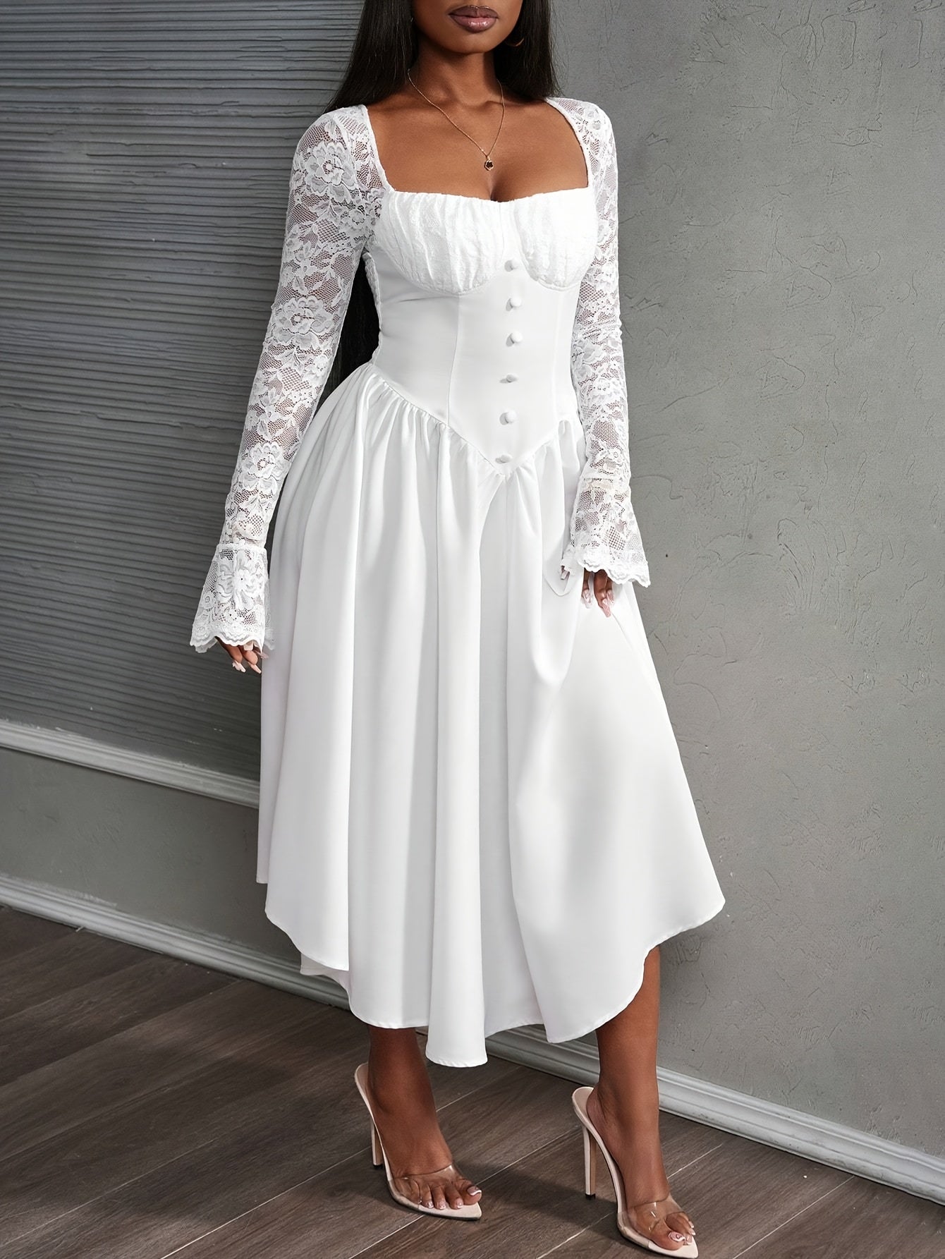 Elegant White Lace Flare Sleeve Party Dress