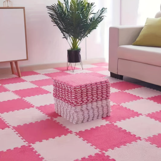 Cute Pink Puzzle Floor Mat Interlocking Fluffy Flooring Tiles