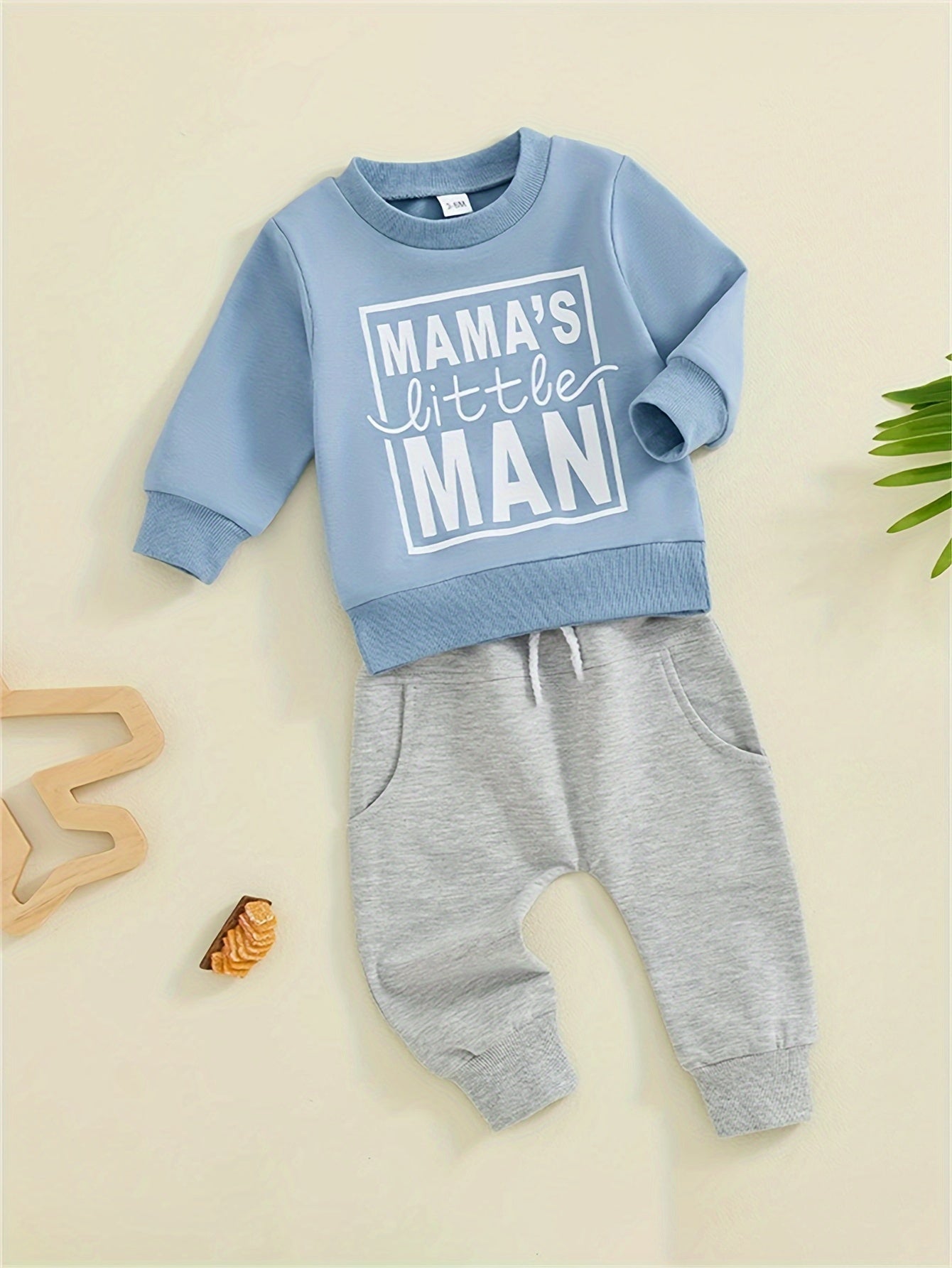 Baby's "Mama's Little Man" Print Sweatshirt & Casual Pants Outdoor Set