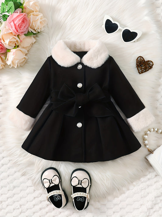 Baby's Elegant Fuzzy Collar Belted Coat, Button Front Warm Overcoat