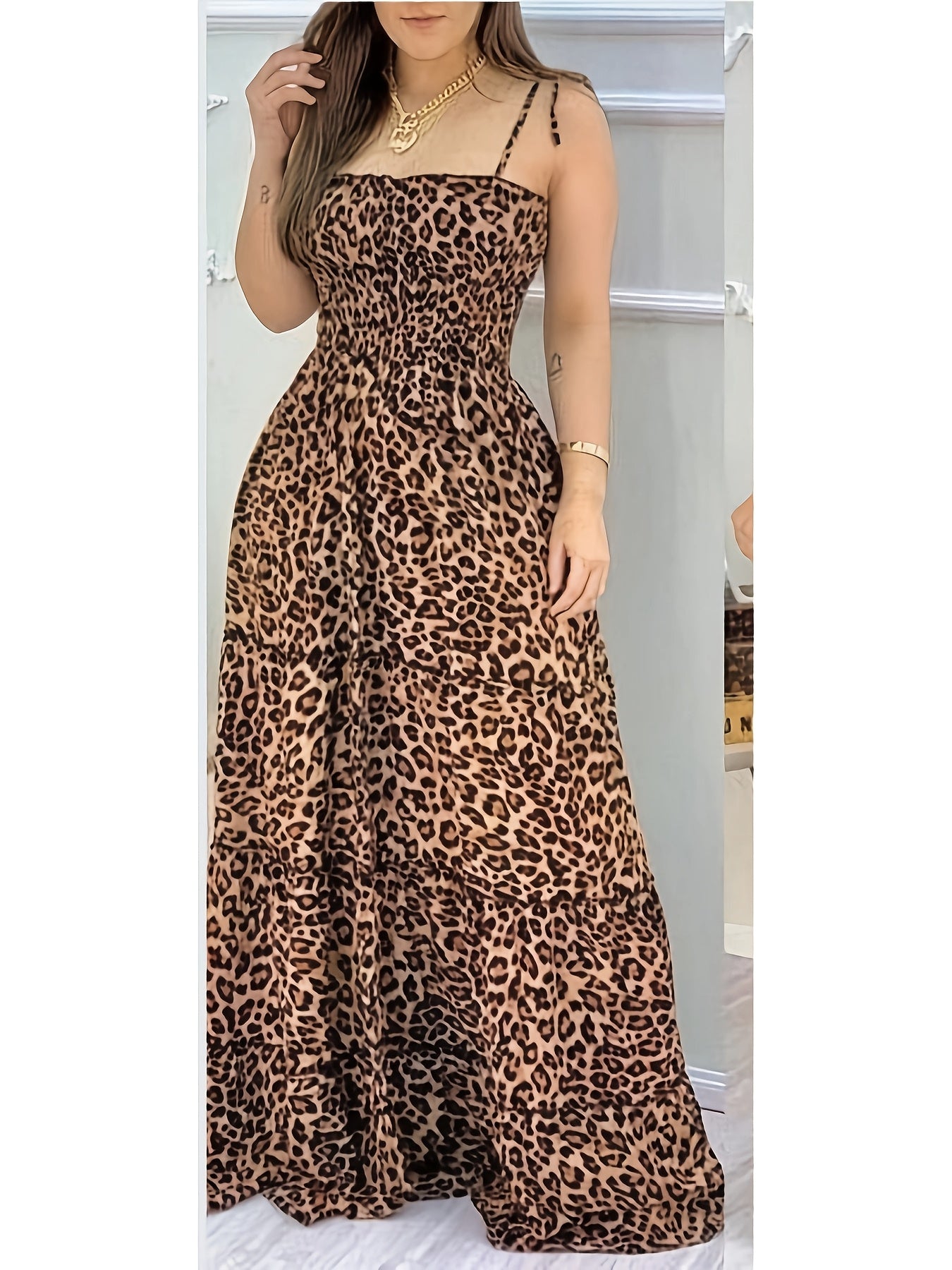 Elegant Leopard Print Off-Shoulder with Tie Straps Dress
