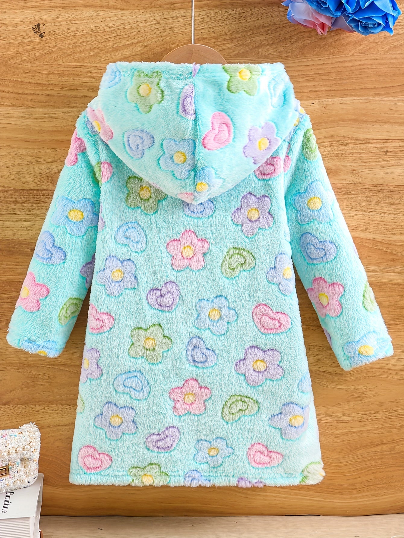 Girls Warm & Cute Long Sleeve Cartoon Flowers & Horse Rainbow & Retro Geometric Pattern Plush Hooded Dress For Fall & Winter Outdoors