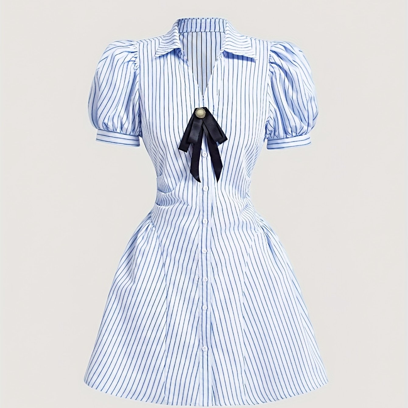 Women's Vintage Blue Striped Puff Sleeve Dress with Bow Detail - V-Neck A-Line Asymmetrical Hem Short Summer Dress, Machine Washable Casual Elegant Style for Back to, Homecoming & Teacher Outfits, Retro Dress, Buttondown Fron