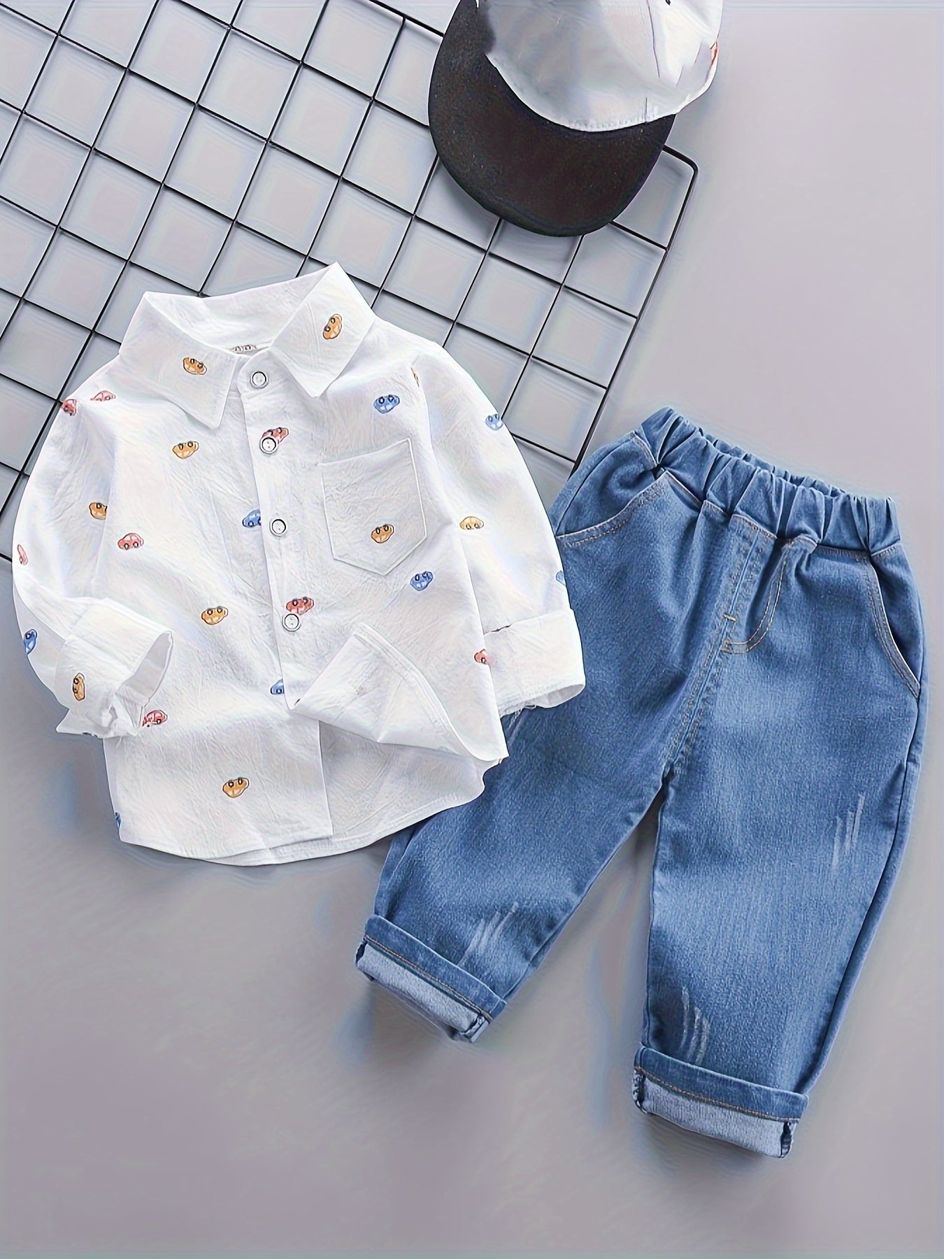 Cartoon Cars Button Down Shirt & Elastic Pants Outdoor Set