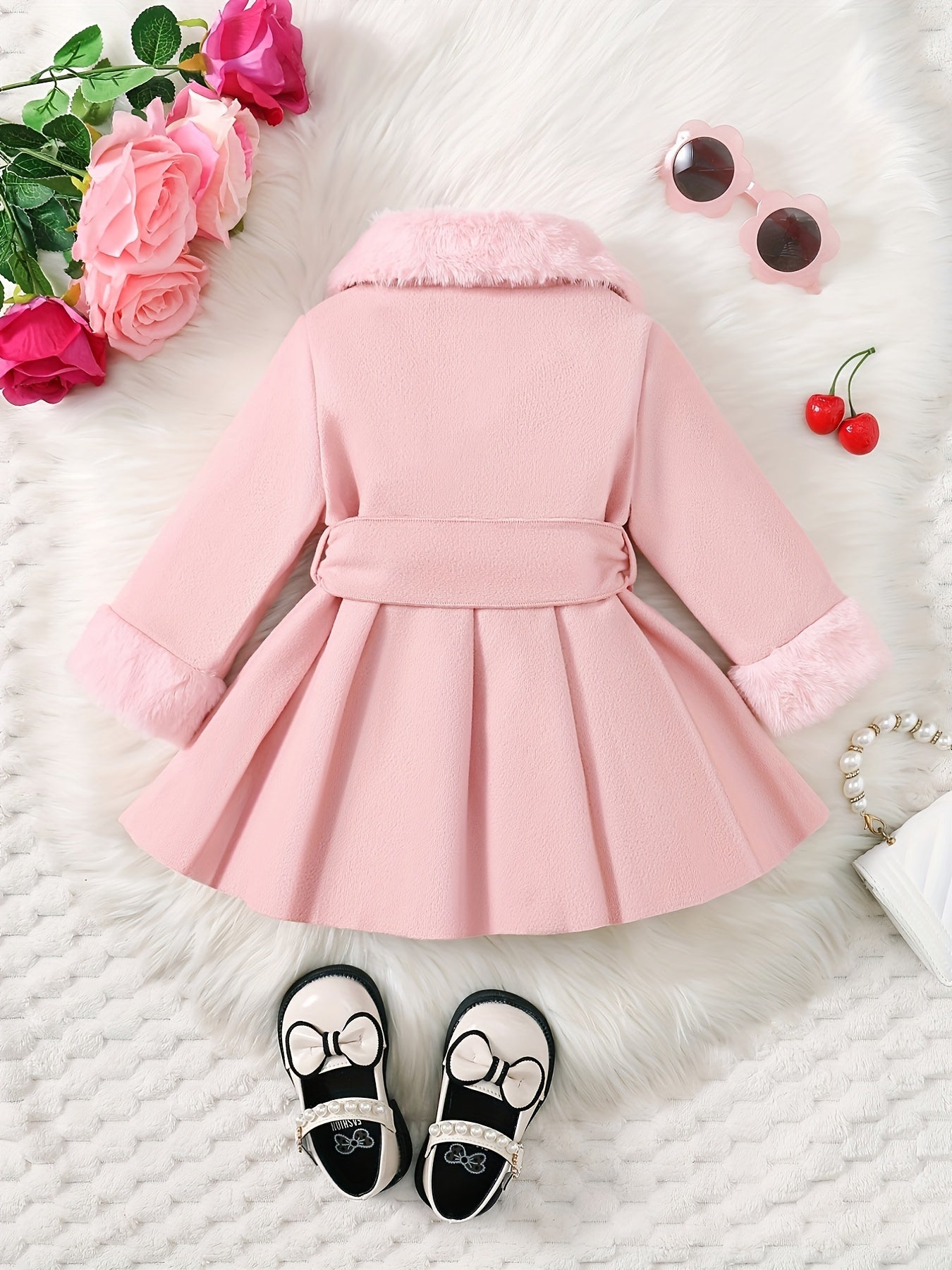 Baby's Elegant Fuzzy Collar Belted Coat, Button Front Warm Overcoat