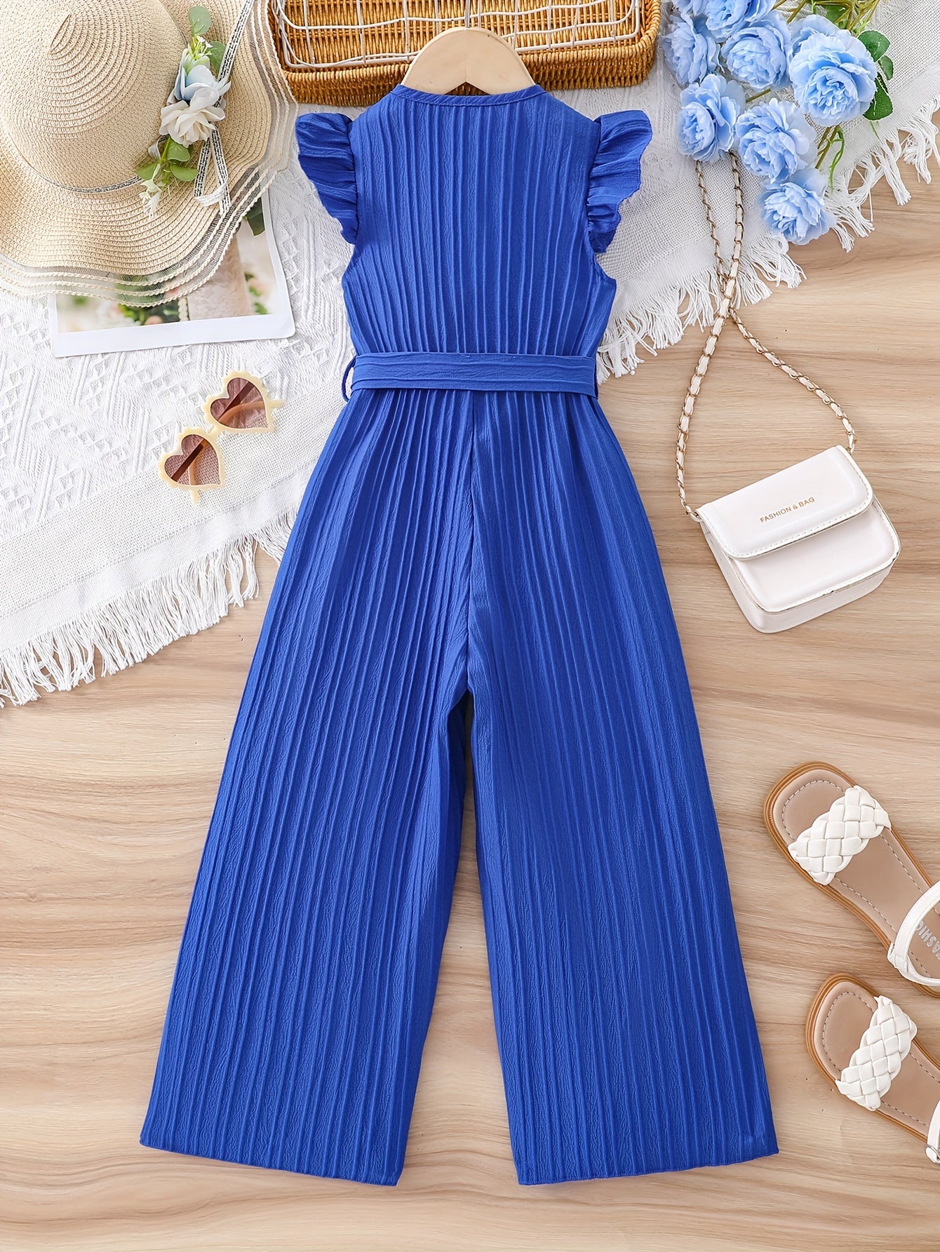 Girls Trendy & Elegant Solid Colored Flutter Sleeve Button Up Textured Wide Leg Jumpsuit