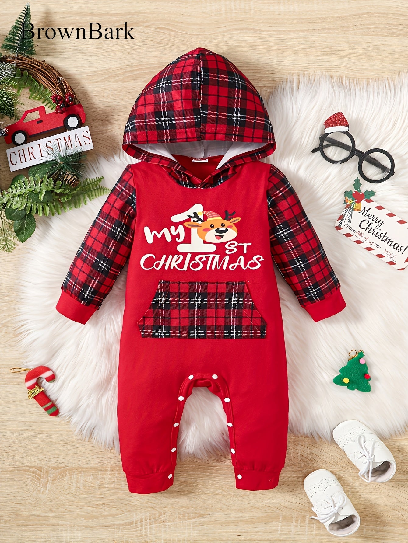 My 1st Christmas & Reindeer Print Long Sleeves Hooded Jumpsuit, Plaid Patterns Clothes For Leisure