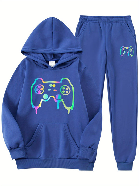 Boys' Casual Hoodie and Sweatpants Set, Fashion Colorful Game Controller Print