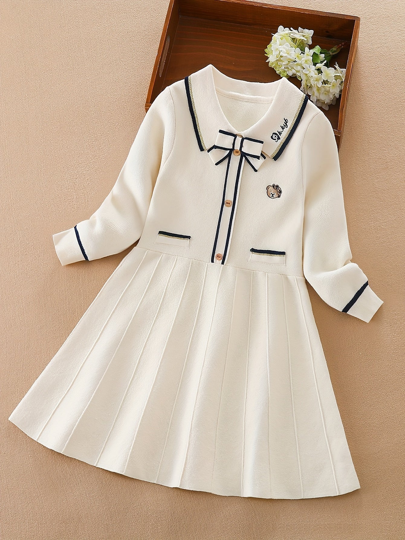 Girls Bear Embroidery Long Sleeve Knit Dress