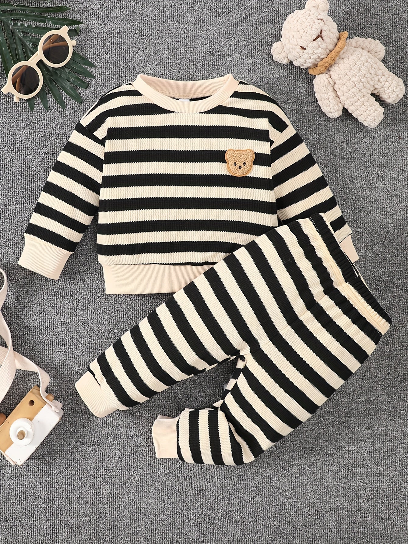 Long Sleeve Striped Bear Sweater + Casual Pants