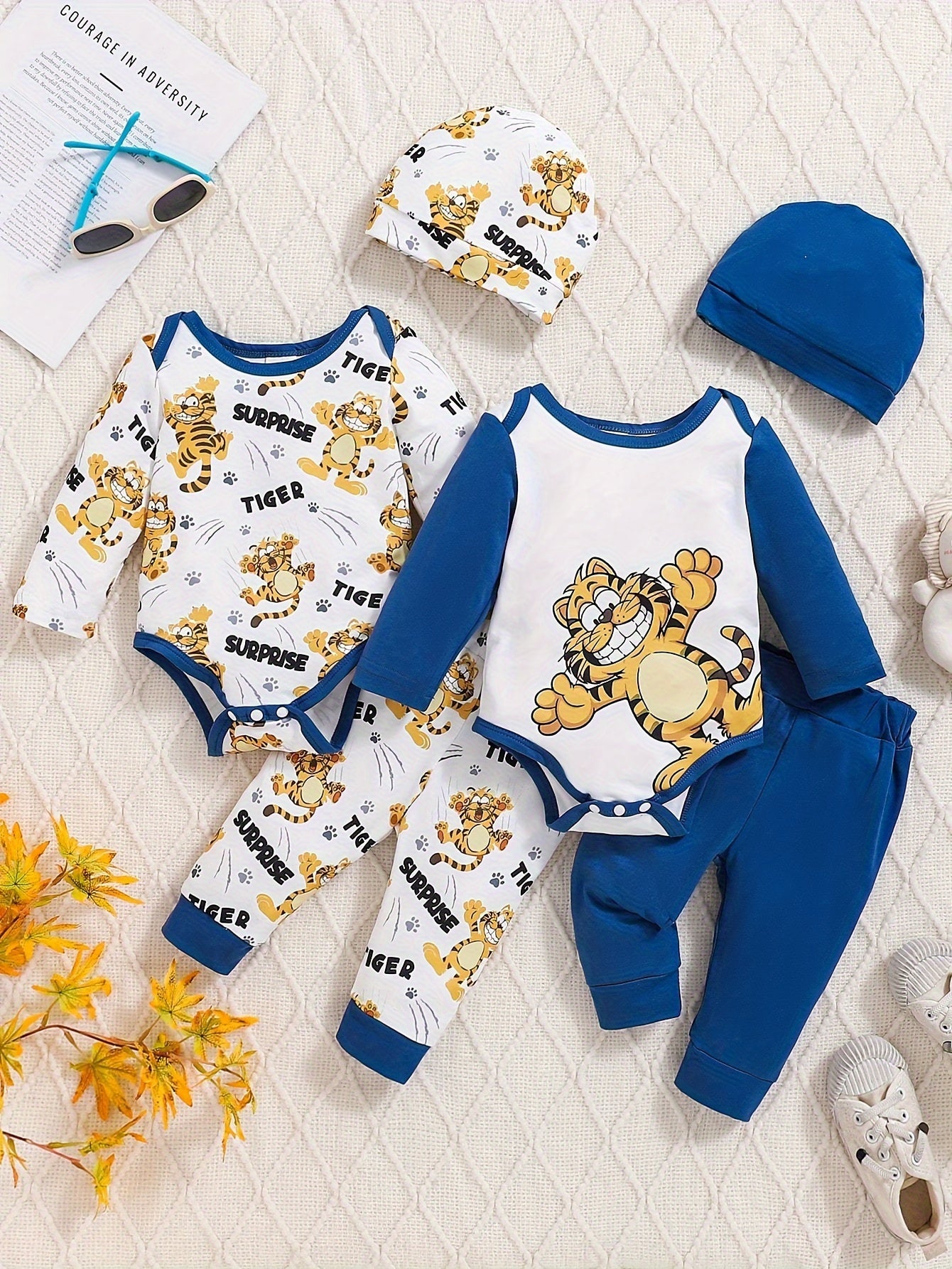 Four-piece Set of Tiger Print Long-sleeved Body Suit Tops for Boys with Hats