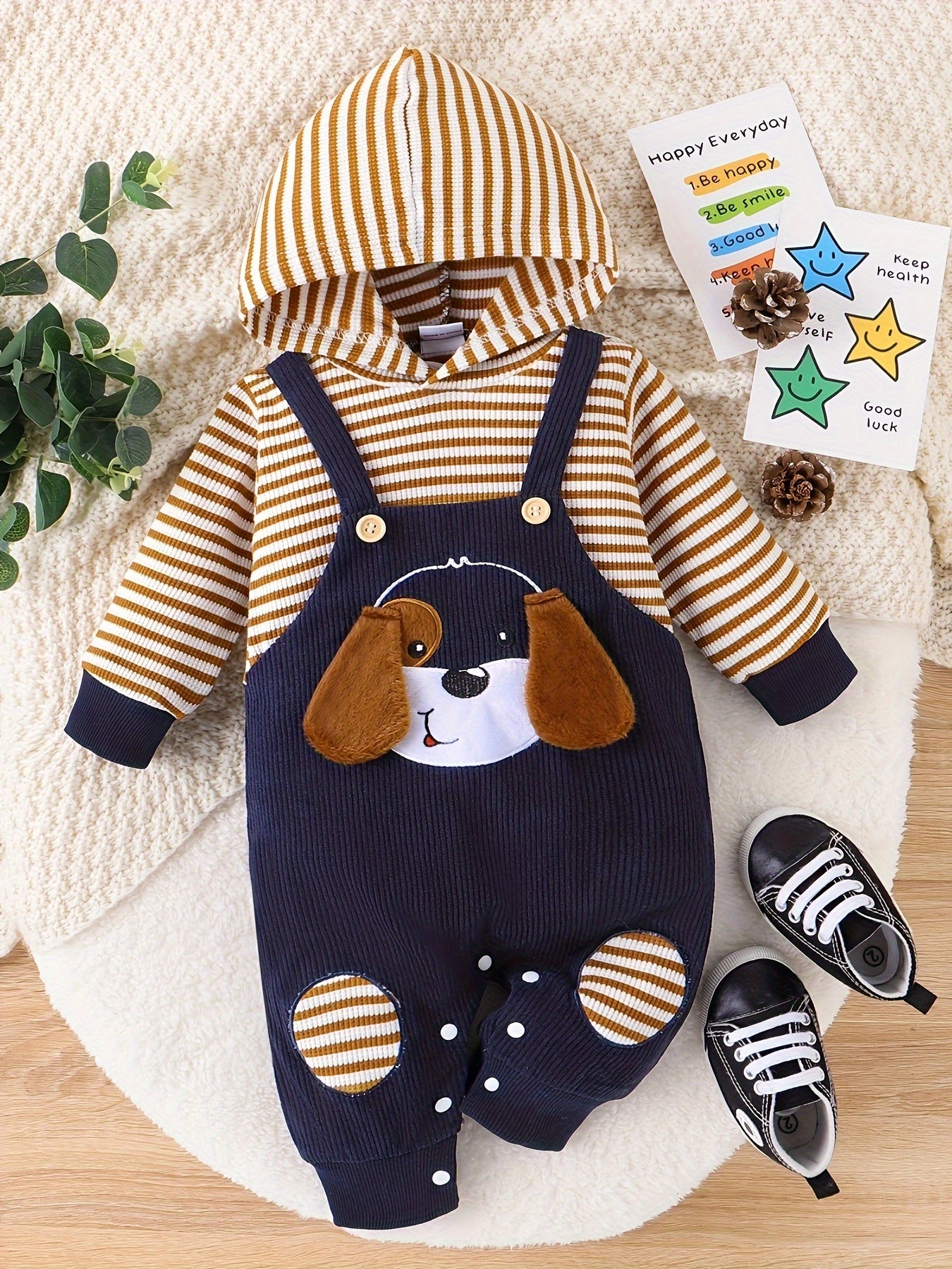 Baby Boys Cute  Cartoon Graphic Hooded Bodysuit