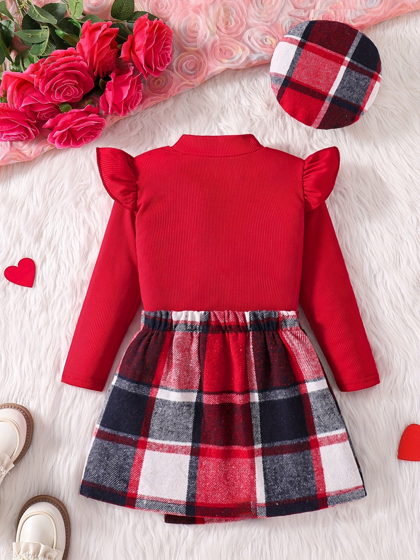 Outfit Girl's Christmas Plaid Skirt Long-Sleeve Ruffle Top