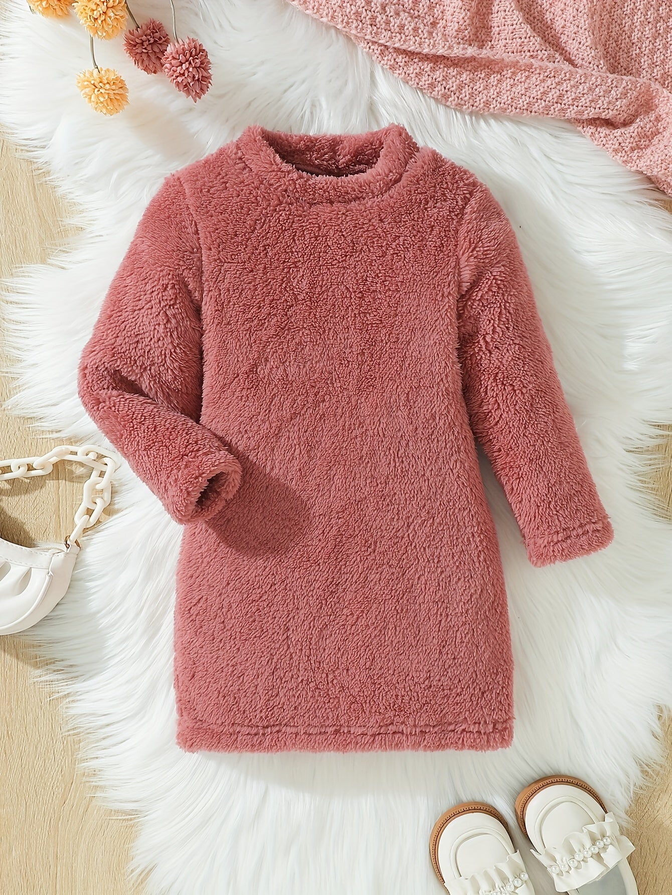 Toddler Girls Long Sleeve Plush Dress Crew Neck